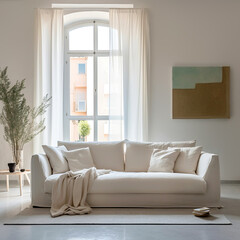 White fabric sofa against of big french window. Scandinavian interior design of modern living room. Created with generative AI