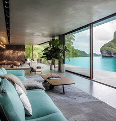 Luxury terrace with breath-taking view of the sea lagoon with crag. Minimalist elegant living room with big floor to ceiling window. Created with generative Ai