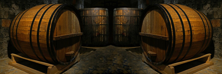 Wine beer casks stacked in a dark cellar. Oak wood barrel for rum bourbon storage. Oak wood barrel,...