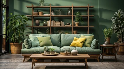 Obraz premium Home interior mockup with sofa, table and decor in modern living room, 3D Render. Created with generative AI.