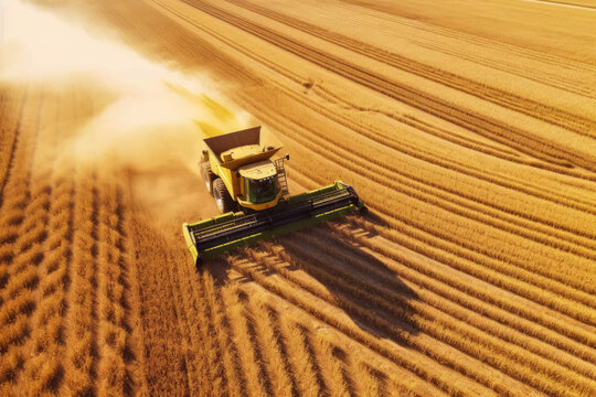 Harvester combine working on a field in afternoon, aerial drone view - agriculture concept. Generative AI