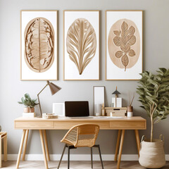 Home workplace, wicker chair and desk near white wall with mockup poster frames. Interior design of modern living room. Created with generative AI