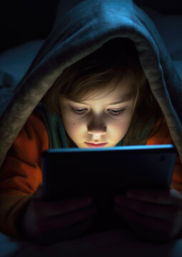 Small Girl Watching Tablet Or Mobile Phone At Bed, Blanket Over His Head, Close-up Detail To Face And Eyes. Bedtime Harmful Blue Light Screentime Concept. Generative AI