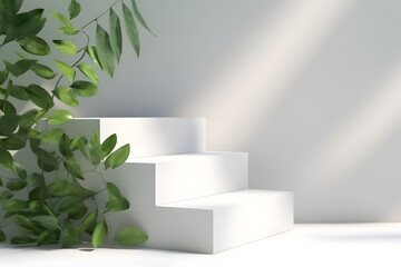 White podium backdrop mockup template, with natural green leaves plant twig, sunlight and foliages leaves shadow. 3d rendering. Generative AI