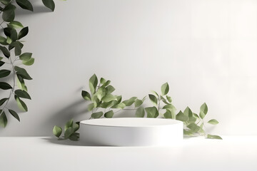 White podium backdrop mockup template, with natural green leaves plant twig, sunlight and foliages leaves shadow. 3d rendering. Generative AI