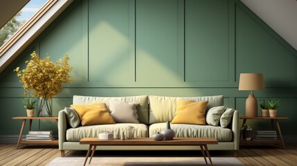 Home interior mockup with sofa, table and decor in modern living room, 3D Render. Created with generative AI.
