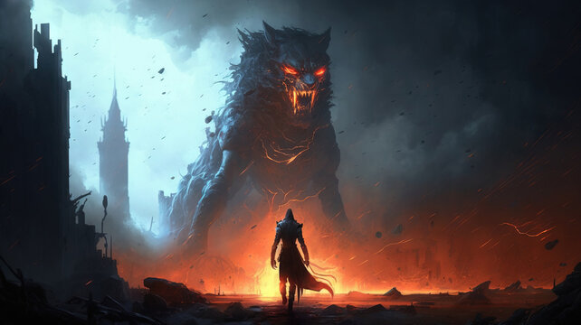 Fighter and a big horrible cat monster cinematic dramatic illustration of future war and burning city in fire concept fantasy art painted with paints