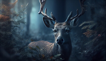 Magic deer in fairy forest. Spirit of the forest Ai generated image
