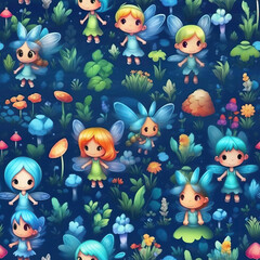 Fototapeta na wymiar Fantasy fairies cute seamless repeat pattern