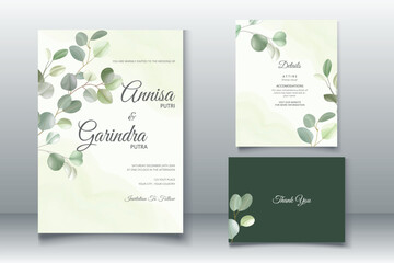 Beautiful eucalyptus leaves wedding invitation card template Premium Vector