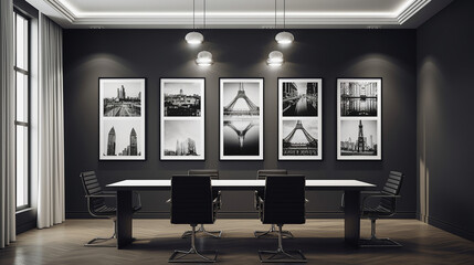 A 3D mockup of canvas frames adorning the walls of a modern office, meeting room interior, or show, Created with AI Tool