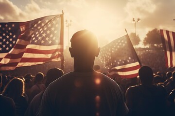 Back view Image of crowd with American flags on fourth of july, Generative ai