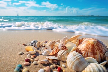 Fototapeta na wymiar Landscape with shells on tropical beach. Generative AI