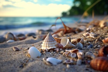 Fototapeta na wymiar Landscape with shells on tropical beach. Generative AI
