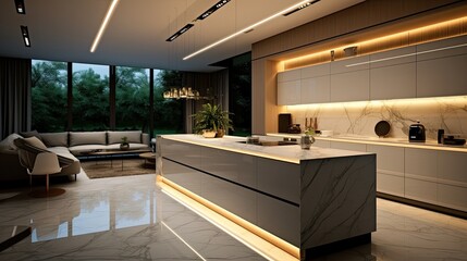 Modern minimalist kitchen , close up shot, beige cabinets floor to ceiling, combined with walnut wood open cabinets with led lights, floating ceiling. Natural light. generative AI.