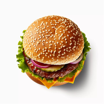 Pure Burger Heaven: Appetizing Top-Down Image of Isolated Burger on White - Generative AI