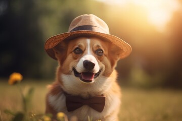 Generative AI Summer portrait of a pet outside. Charming Welsh corgi Pembroke wears a straw hat and bow tie. The dog is sitting in a field at sunset.