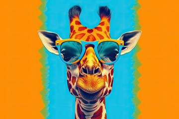colorful giraffe with sunglasses on white background. generative AI.