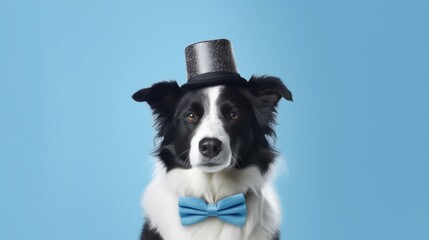 Generative AI. Concept of the holiday and happy birthday dog party. Charming smartest black and white border collie wears a bow tie and a black hat. A dog on a blue simple minimalistic background.