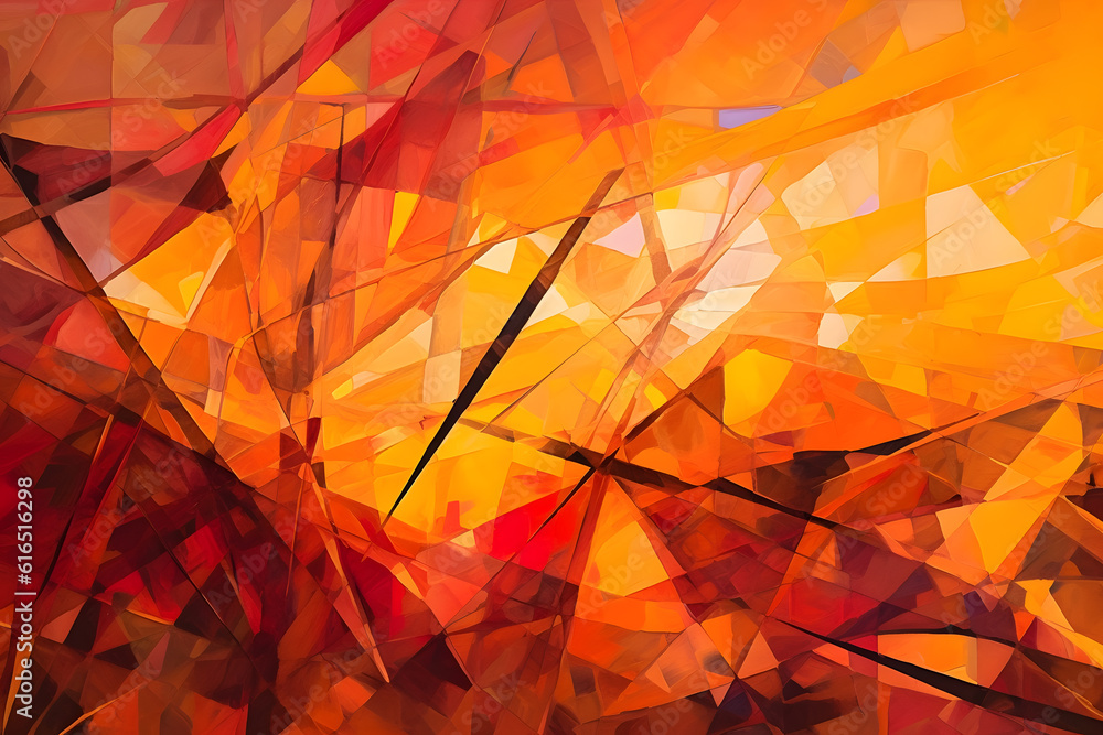 Poster dynamic abstract background with intersecting lines and polygons in a gradient of warm vibrant color