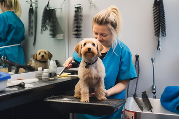 A dog groomer pampering and grooming dogs to keep them clean, healthy, and stylish. Generative AI