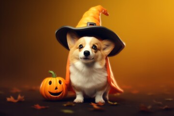Generative AI Concept pets celebrate Halloween in costumes like people. Charming Welsh corgi Pembroke wears witch hat and cape on orange background. There is a pumpkin nearby. Creative greeting card.