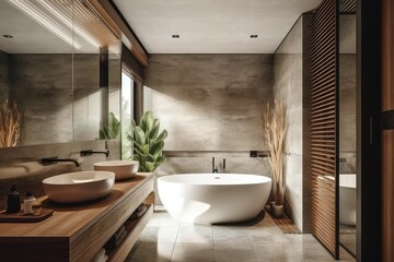 Fototapeta na wymiar modern bathroom interior with bathtub. generative AI.
