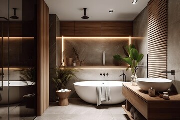 Naklejka na ściany i meble modern bathroom interior with bathtub. generative AI.