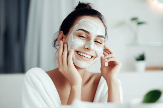 Happy and smiling young woman with facial mask on her face 