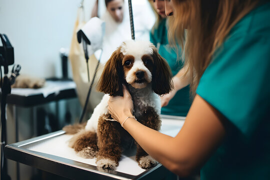 A dog groomer pampering and grooming dogs to keep them clean, healthy, and stylish. Generative AI