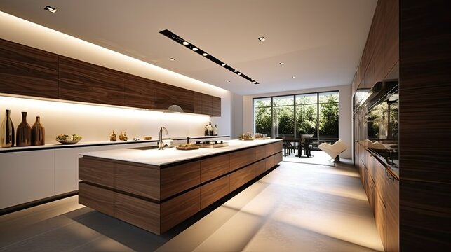 Modern minimalist kitchen , close up shot, beige cabinets floor to ceiling, combined with walnut wood open cabinets with led lights, floating ceiling. Natural light. generative AI.