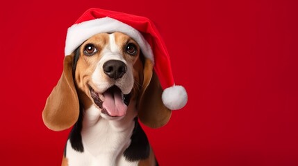 Generative AI The adorable beagle dog wears a red Santa hat and smiles with his tongue sticking out. Front view. Minimalistic red studio background, realistic style. Christmas greeting card.
