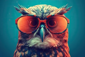 Foto auf Acrylglas Eulen-Cartoons owl wearing sunglasses on a solid color background, vector art, digital art, faceted, minimal, abstract. generative AI.