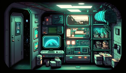 Pixel Art, Space Station Interior, Neon Lighting, diorama. generative AI. 