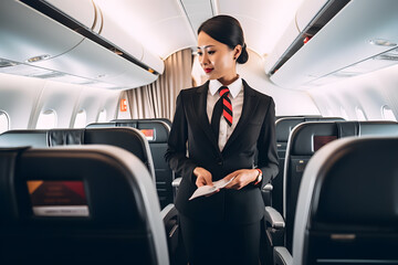 Fototapeta na wymiar A flight attendant providing excellent customer service and ensuring passenger safety during flights. Generative AI