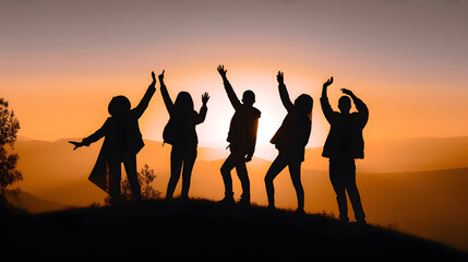 Friends share joyful moment and happiness at sunset. AI generated
