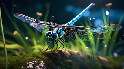 A beautiful dragonfly sits near the water, front view.