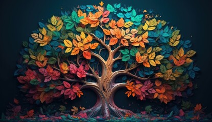 Obraz na płótnie Canvas The tree of life in multicolored leaves, in the style of matte drawing, ominous vibe, paper sculptures, realistic color palette, dark colors, colorful woodcarvings, contrasting backgrounds generative 