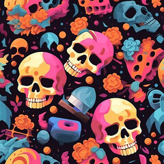 3d Skulls seamless repeat trendy modern colorful pattern