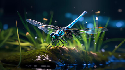 A beautiful dragonfly sits near the water, front view.