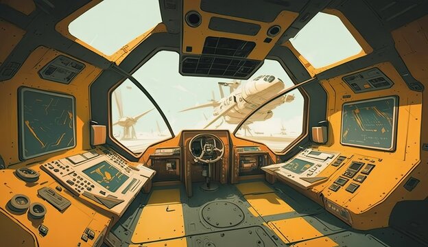 Spaceship cockpit interior, curvilinear perspective, cel shading, bold lines, concept art. generative AI. 