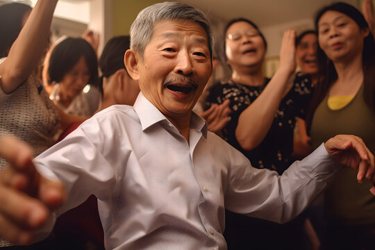 Funny image of a senior Asian man trying out a popular dance move at a lively dance party, surrounded by a diverse group of energetic dancers. Generative AI