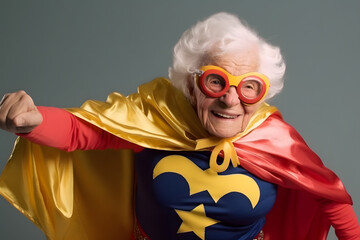 Funny image of a senior woman dressed in a superhero costume, striking a heroic pose, pretending to fly. Generative AI