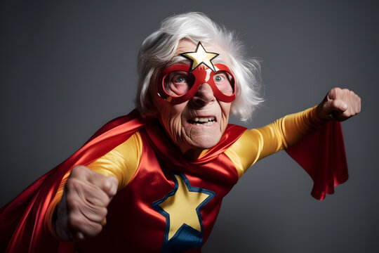 Funny image of a senior woman dressed in a superhero costume, striking a heroic pose, pretending to fly. Generative AI