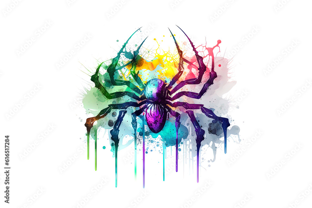 Poster spider painted with multi-colored watercolors isolated on a white background. generated by ai