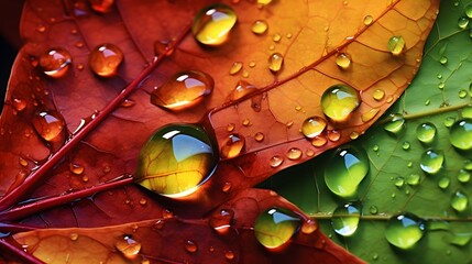 A macro shot of water droplets on colorful autumn leaves (Generative AI)