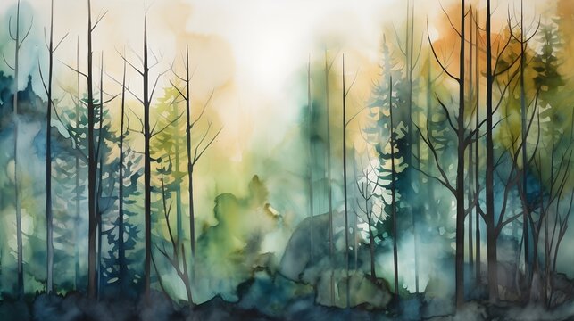 An abstract watercolor interpretation of a forest, with layered washes of green, blue, and earthy tones creating depth and texture. (Generative AI)