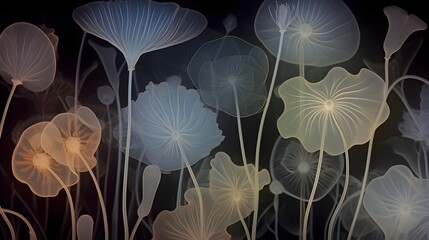 Artistic composition of semi-transparent, fictional flowers on a dark background (Generative AI)