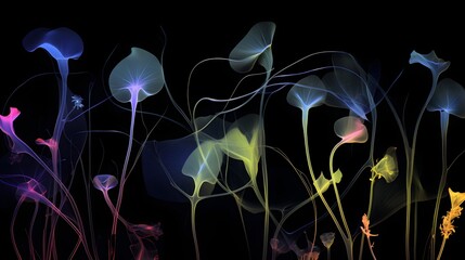 Artistic depicting of a semi-transparent, neon coloured imaginary flowers on a black background (Generative AI)