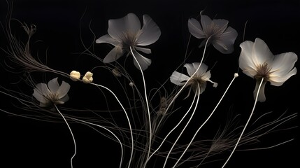 Artistic composition of semi-transparent, fictional flowers on a dark background (Generative AI)